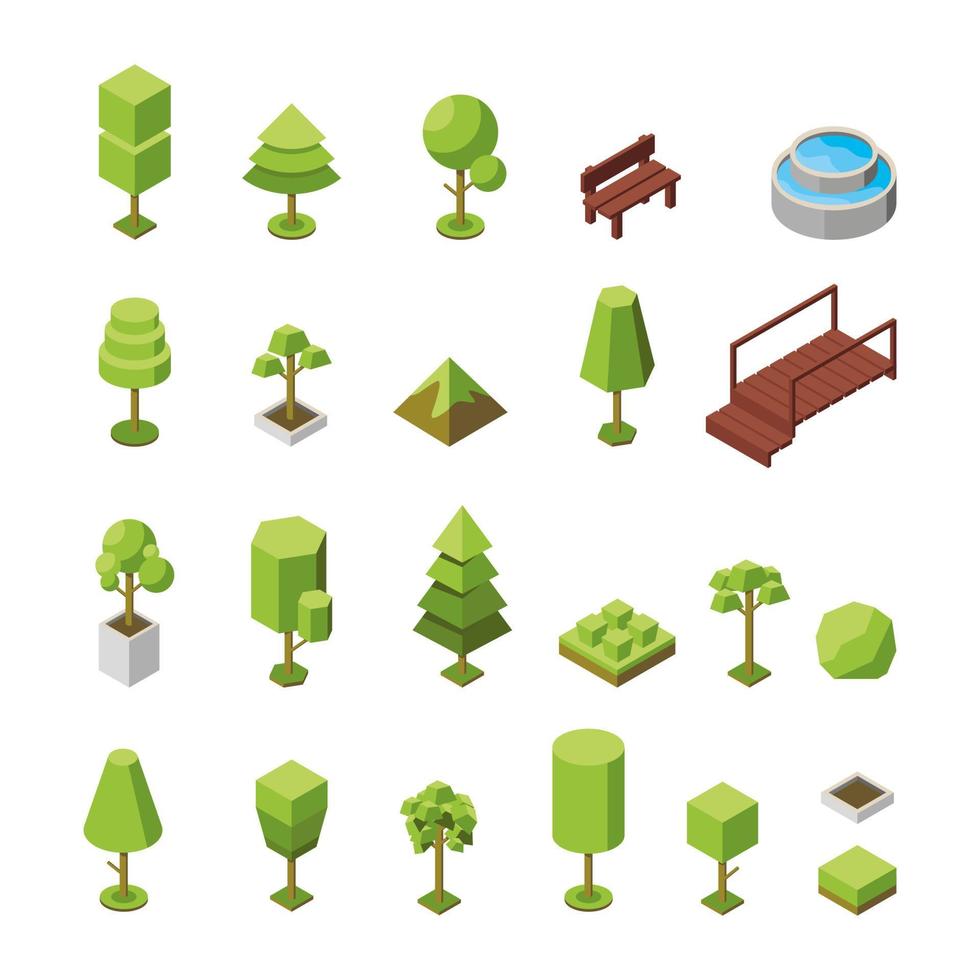 Vector set of trees and outdoor furniture isometric icons. Collection of natural botanical objects. 3d illustration of plants. Concept of plants and objects from geometric shapes for a park, garden