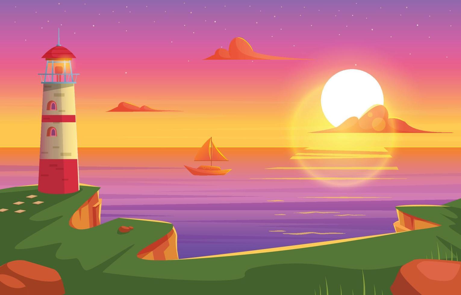 puesta de sol de playa con fondo de paisaje de dibujos animados de faro vector