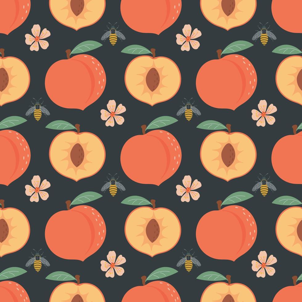 Seamless pattern with peach, flowers and bees. Fruit pattern. vector