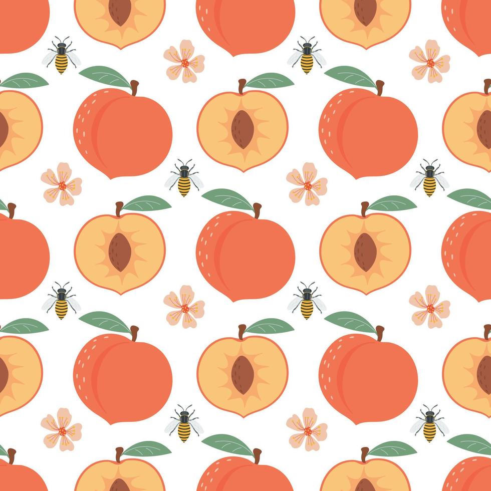 Seamless pattern with peach, flowers and bees. Fruit pattern. vector