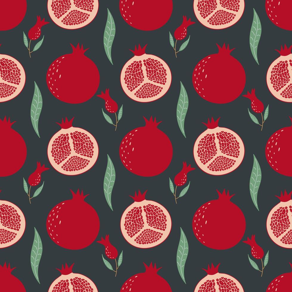Seamless pattern with pomegranate, flowers and leaves. Fruit pattern. vector