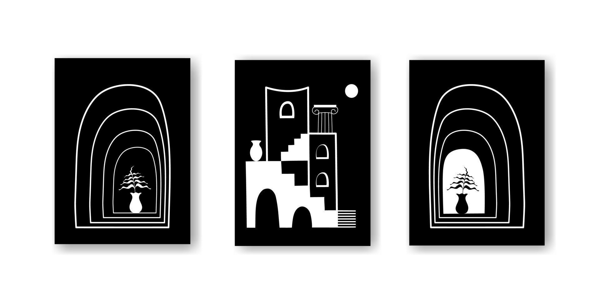 Set of abstract creative posters in black and white col styleors. Matisse. Triptych. Architectural elements, plants, vases. Design for wall decor, cover, wallpaper, print, card. Vector illustration.