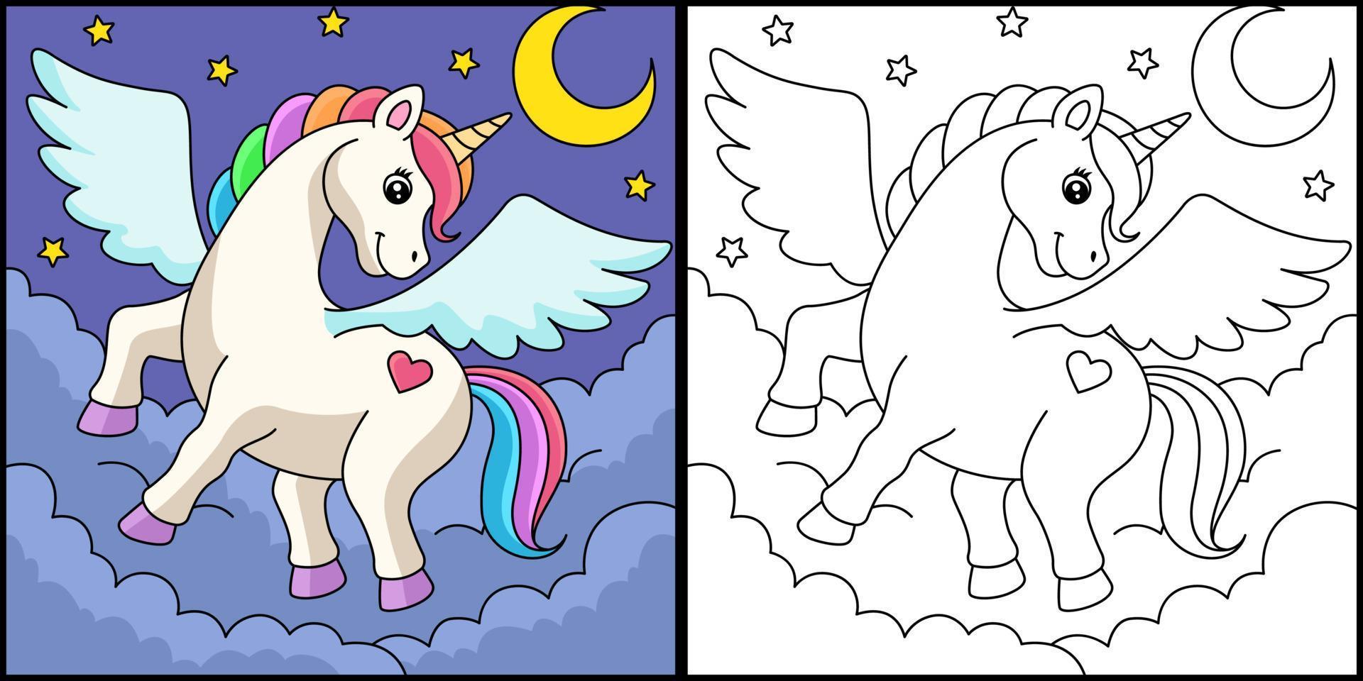 Flying Unicorn Coloring Page Colored Illustration vector