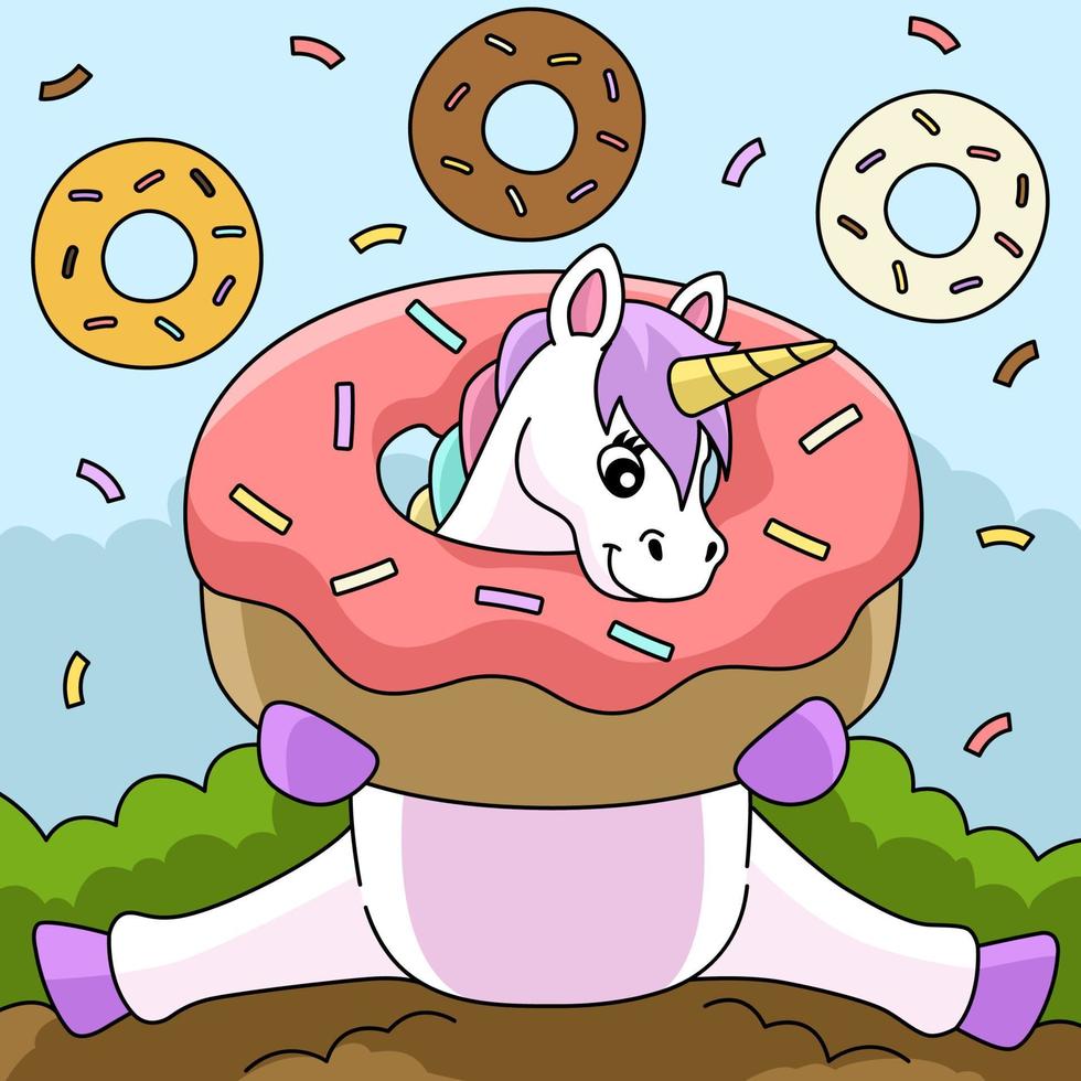 unicornio sentado atrapado en una caricatura de color donut vector