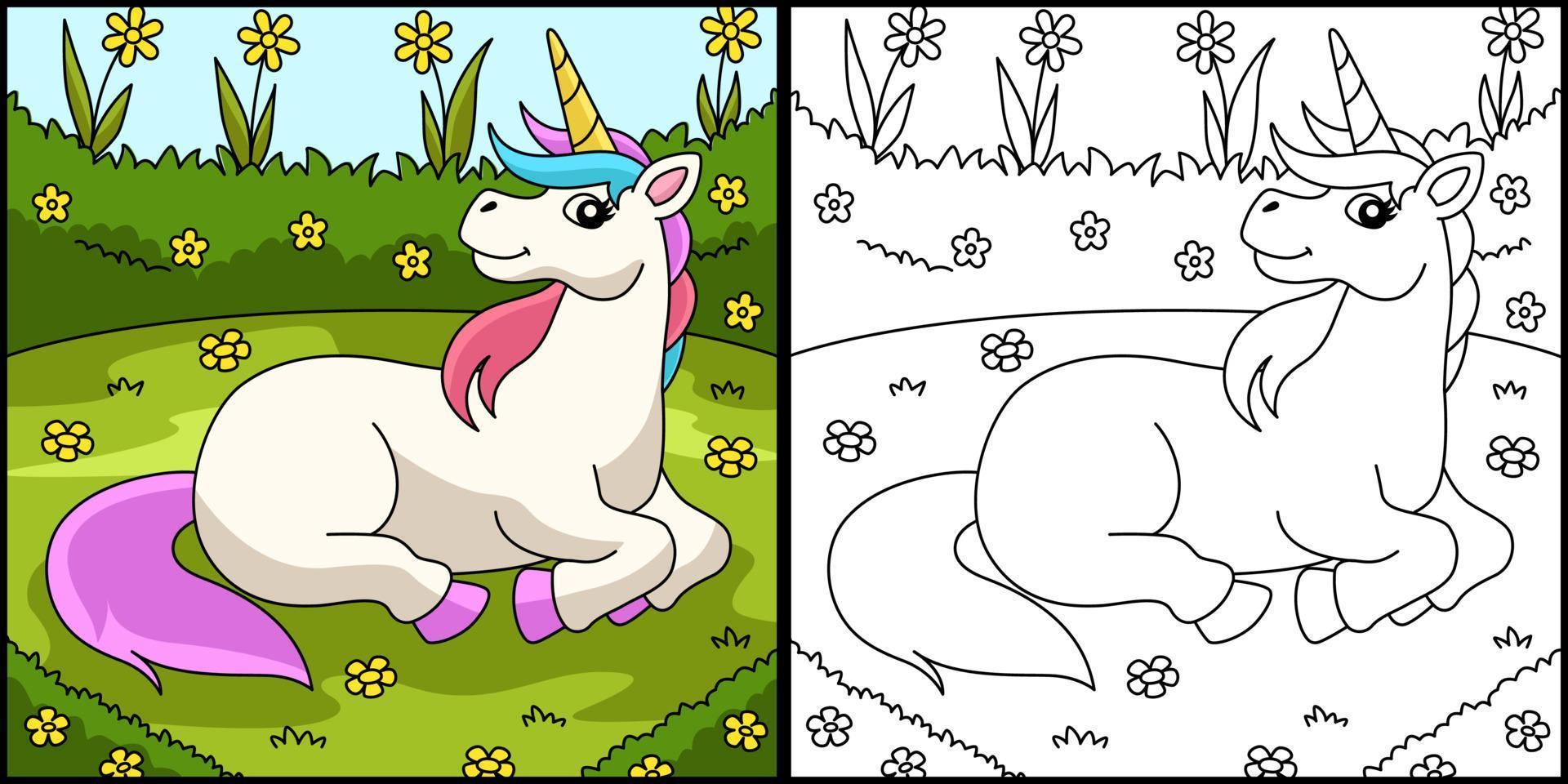 Unicorn Lying On The Flower Field Coloring Page vector