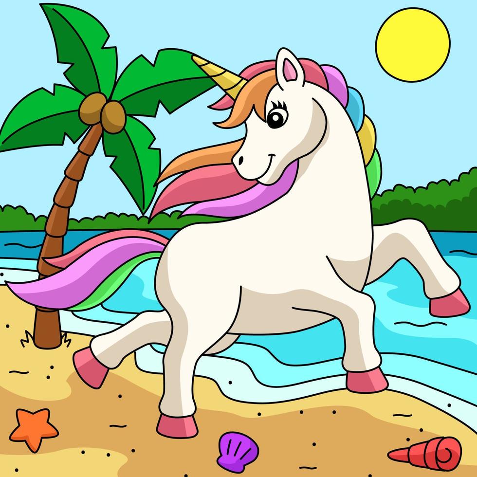 unicornio paseando por la playa de dibujos animados de colores vector