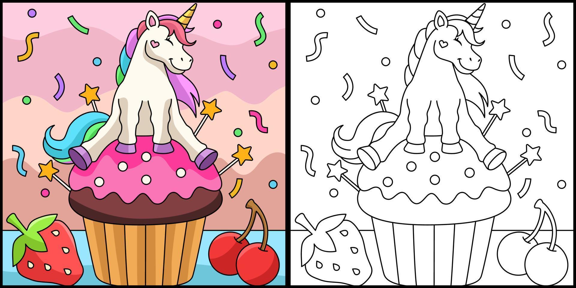 unicornio sentado en un cupcake para colorear, pintar e imprimir vector