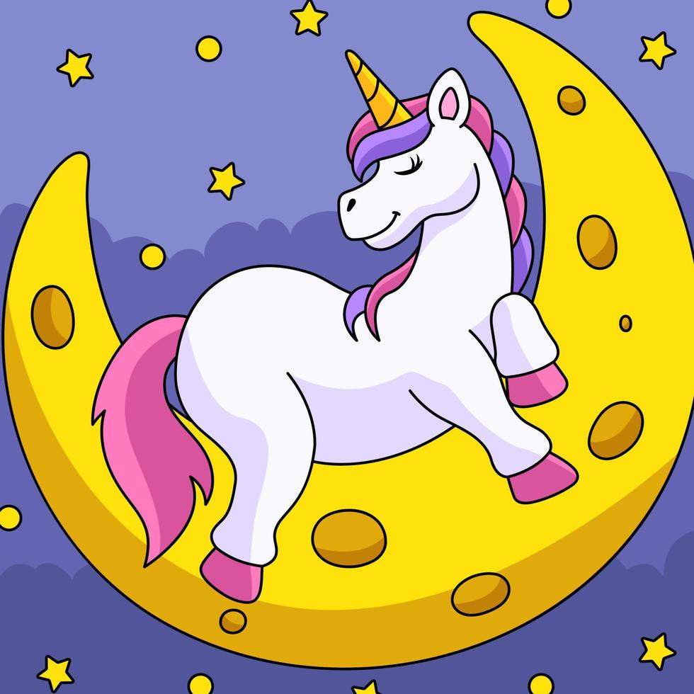 Unicorn Sleeping On The Moon Colored Cartoon vector