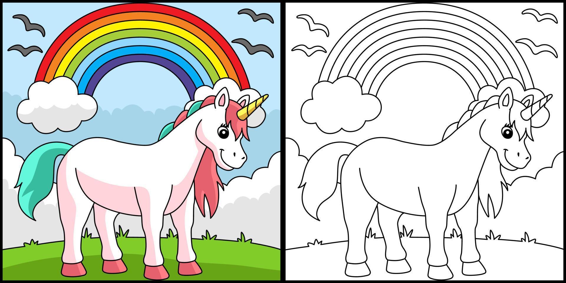 unicornio de pie bajo el arcoiris para colorear página vector