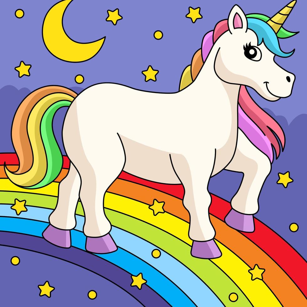 unicornio caminando sobre dibujos animados de colores del arco iris vector