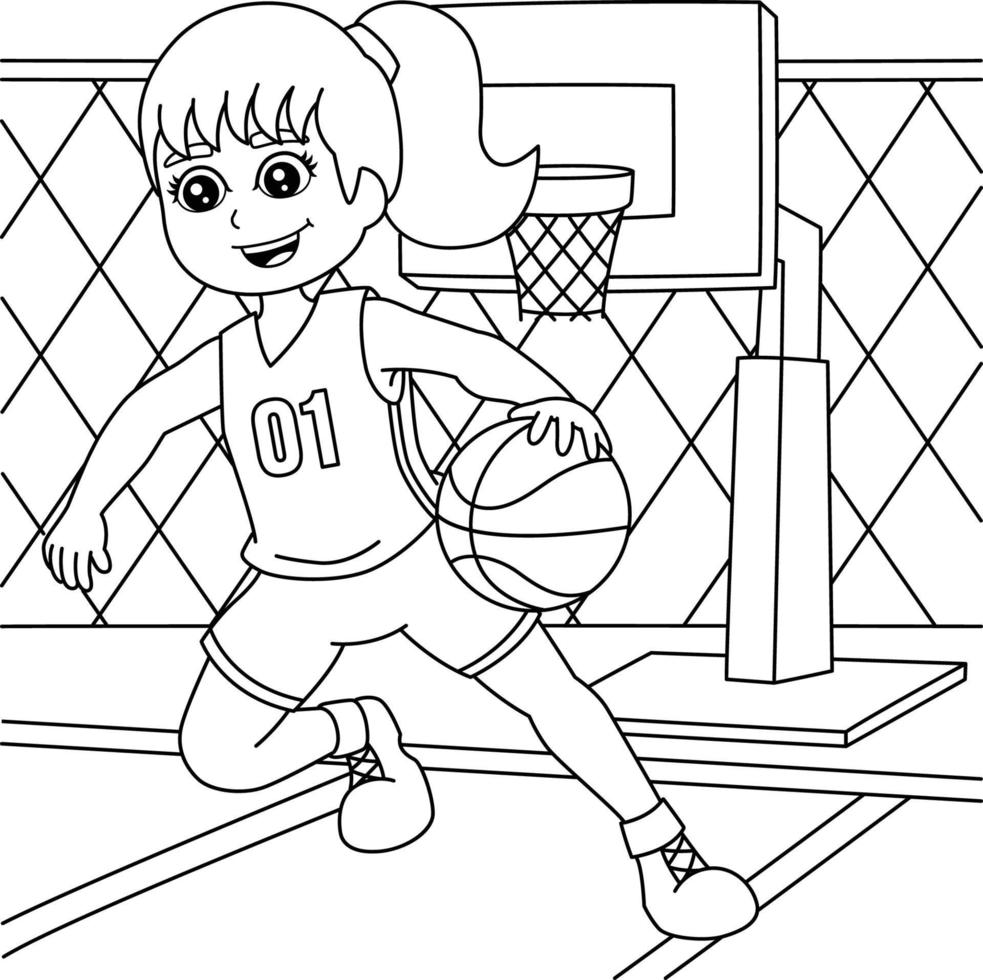 niña jugando baloncesto página para colorear para niños vector