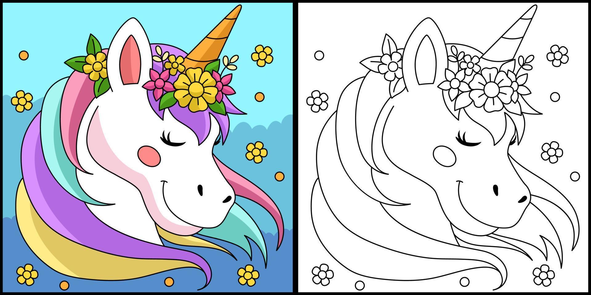 Unicorn Wearing A Flower Wreath Coloring Page vector