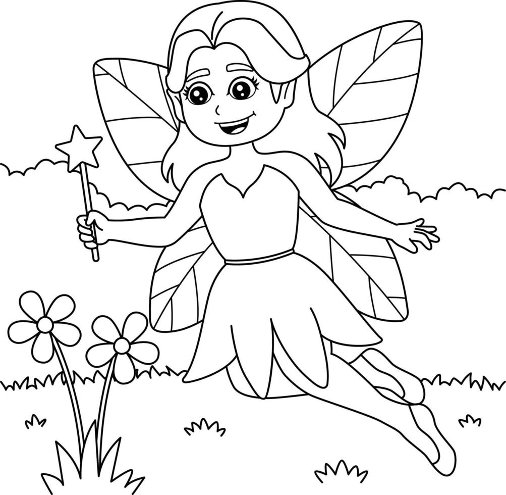 Fairy Holding Magic Wand Coloring Page for Kids vector