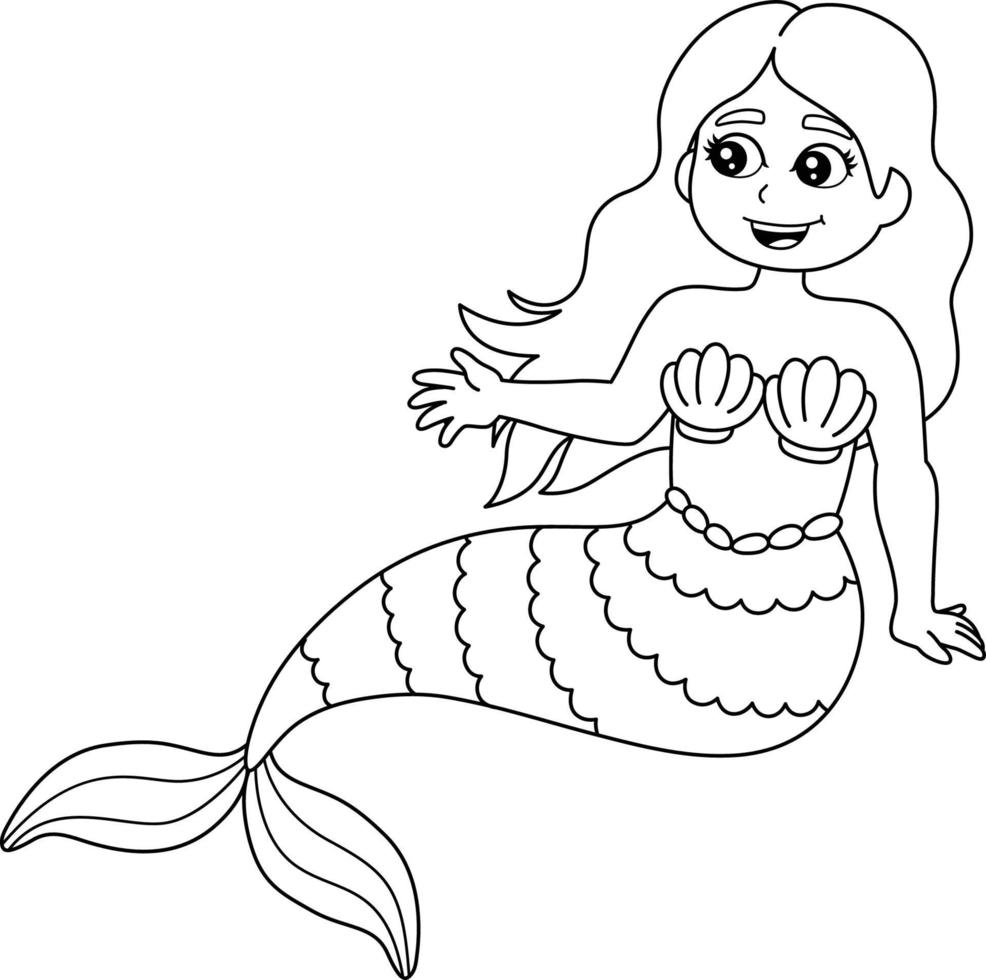 sirena sentada en una concha para colorear página aislada vector