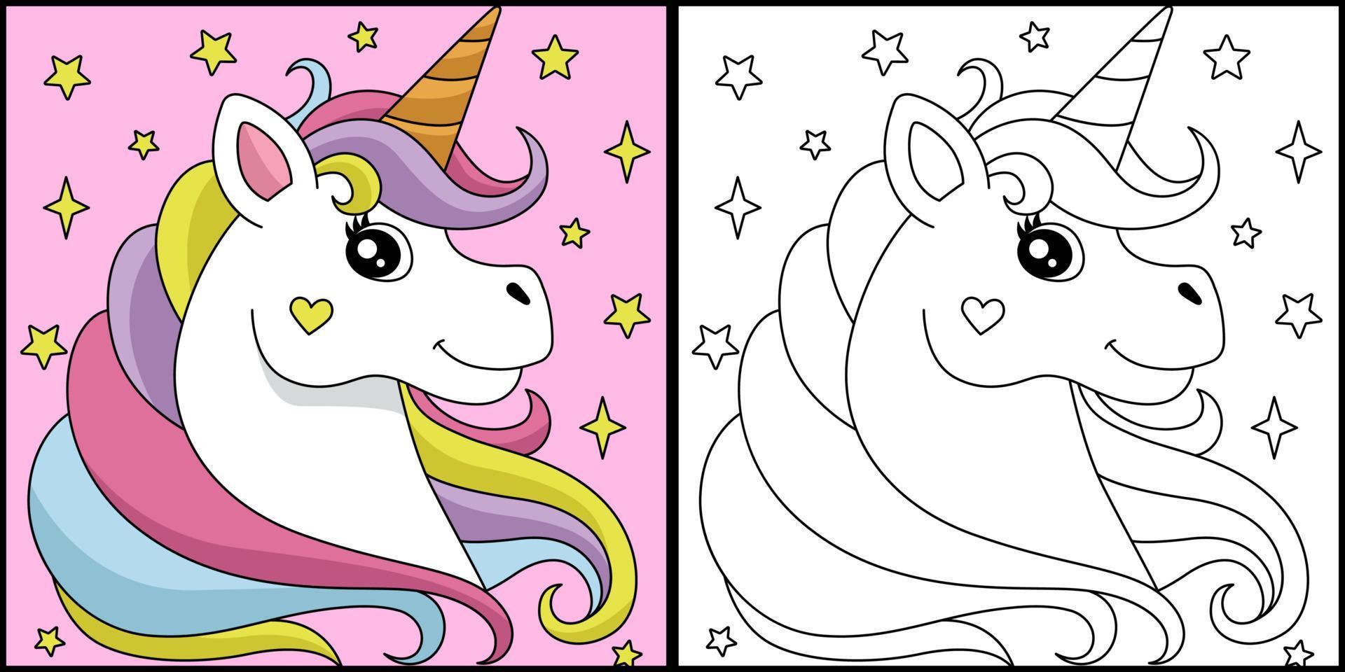 Unicorn Head Coloring Page Colored Illustration vector