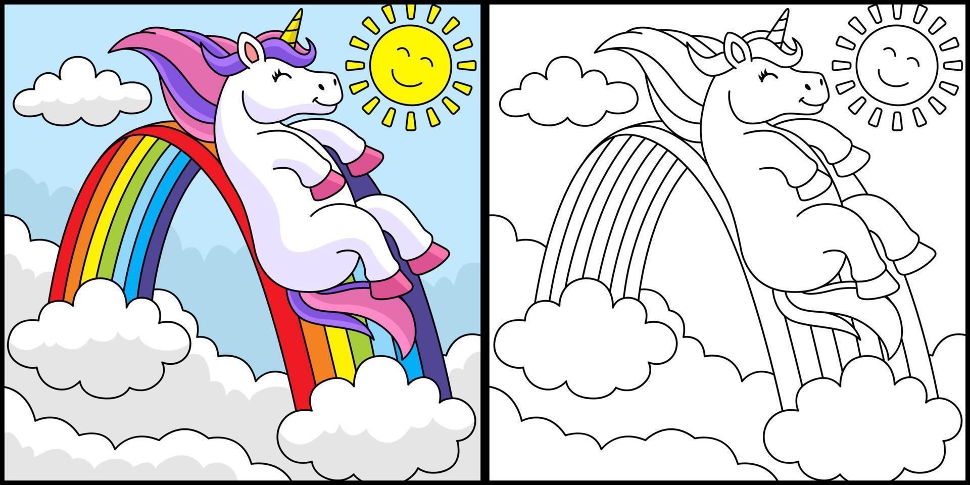 Unicornio deslizándose sobre el arcoíris para colorear vector