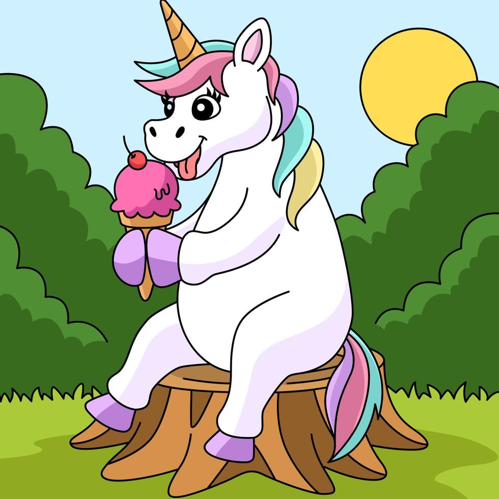 Unicorn Eating Ice Cream Colored Cartoon vector