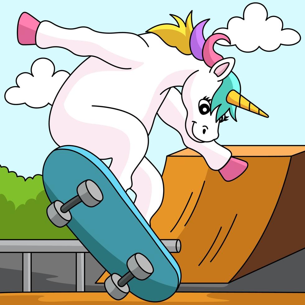 unicornio patinando en un monopatín de dibujos animados de colores vector