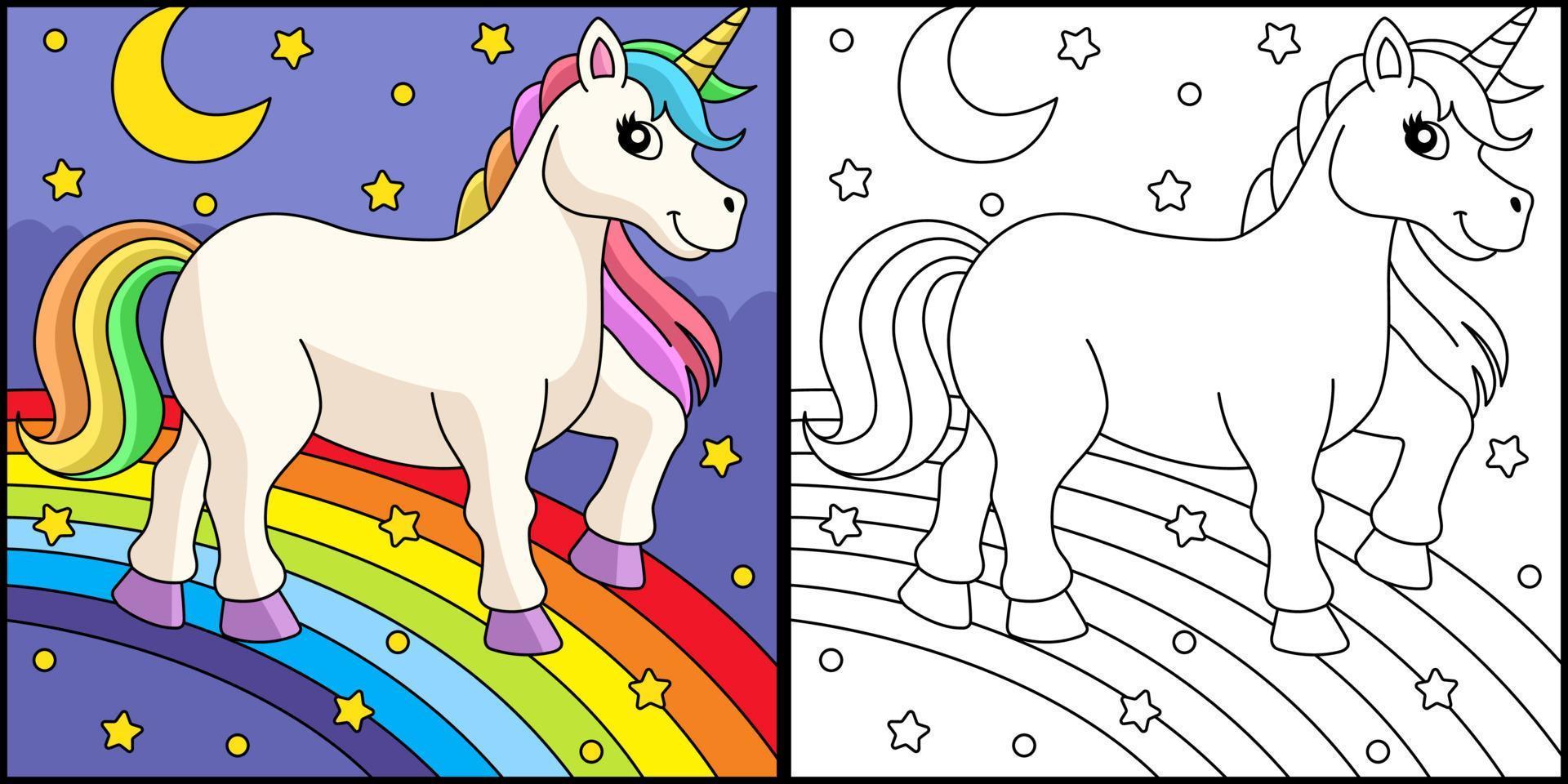 Unicorn Walking On The Rainbow Coloring Page vector