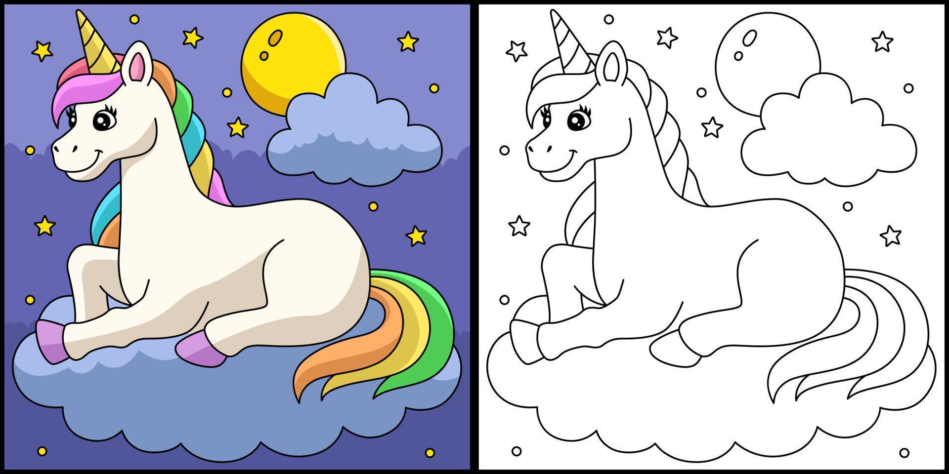 Unicorn Lying On The Cloud Coloring Page vector