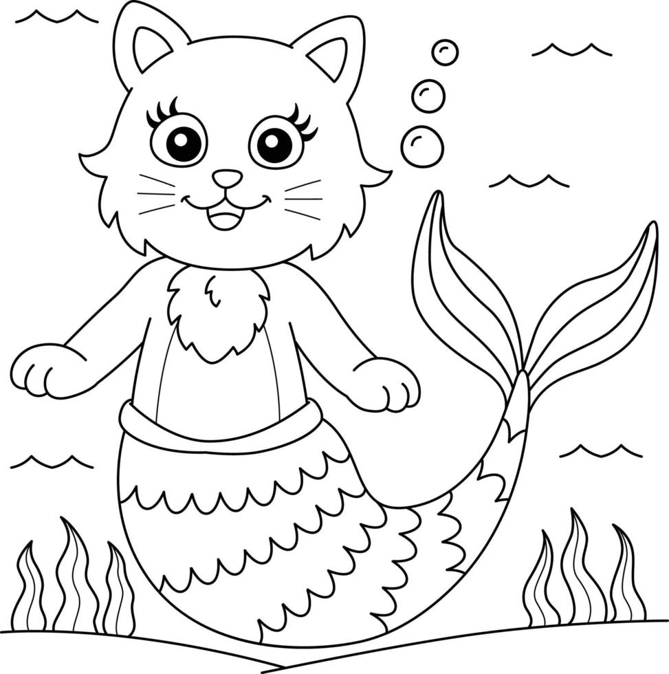 Cat Mermaid Coloring Page for Kids vector