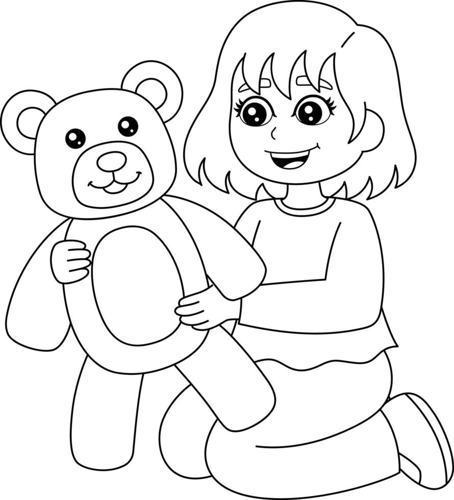 niña sosteniendo un oso de peluche para colorear página aislada vector