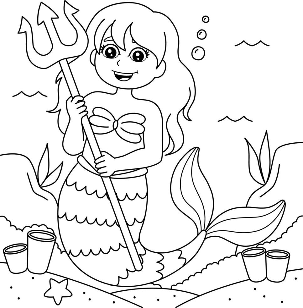 Página para colorear de sirena con tridente para niños vector