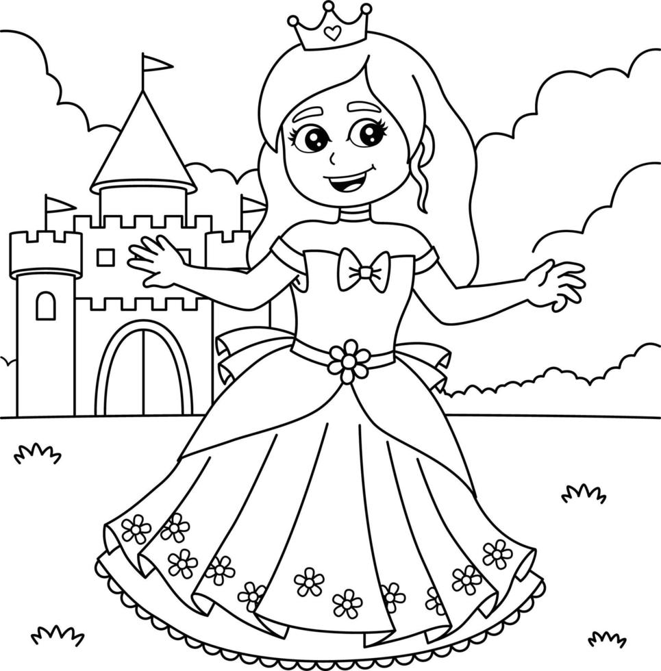 princesa frente al castillo para colorear para niños vector