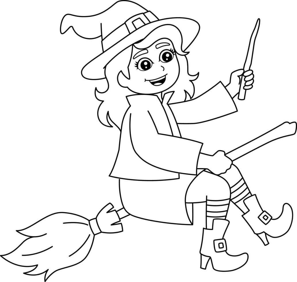 Witch Girl In A Broomstick Coloring Page Isolated vector