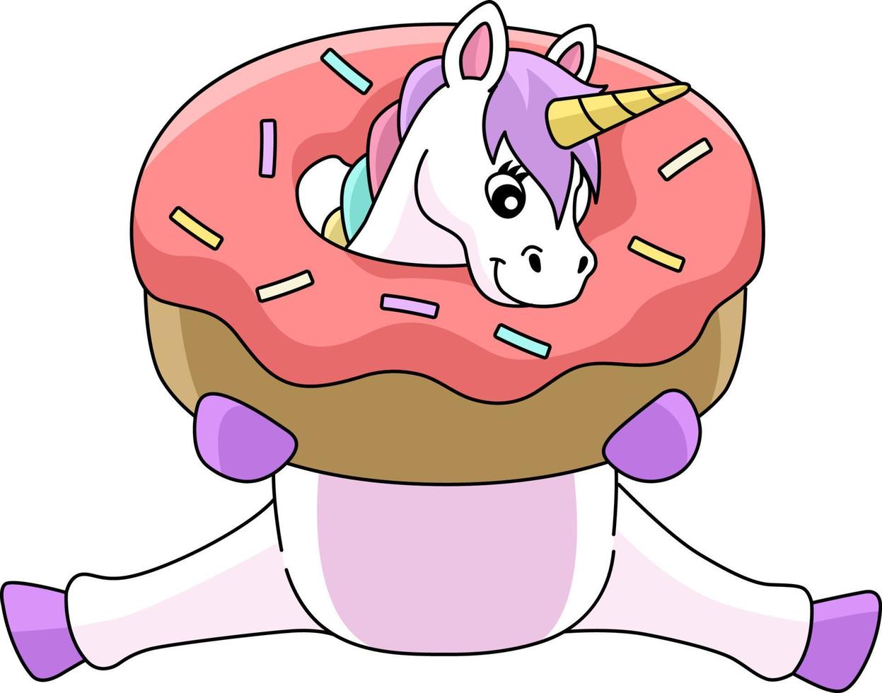 unicornio sentado atrapado en un clipart de dibujos animados de donas vector