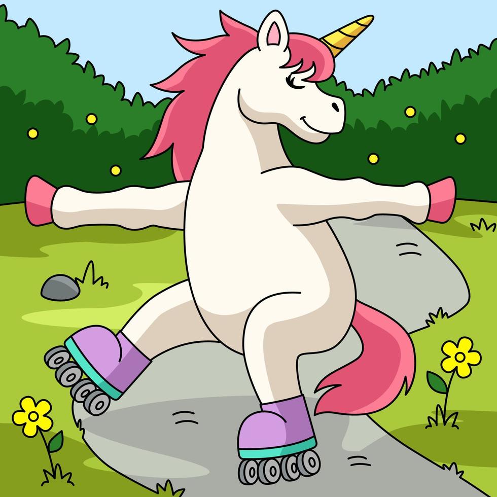 Unicorn Roller Skating Colored Cartoon vector