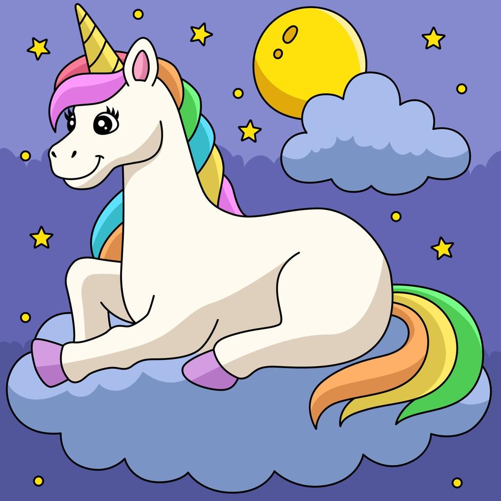 unicornio tendido en la nube de dibujos animados de colores vector