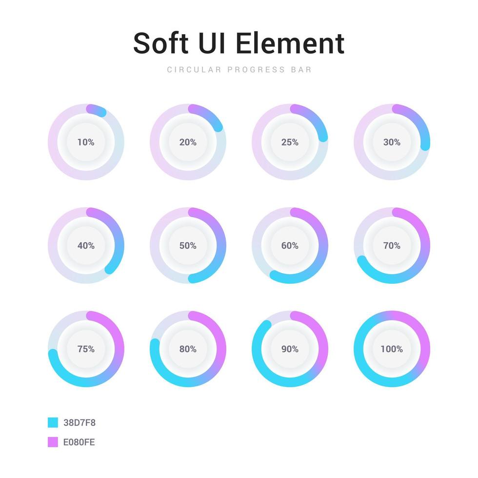 Soft UI element. Circle percentage progress bar set vector