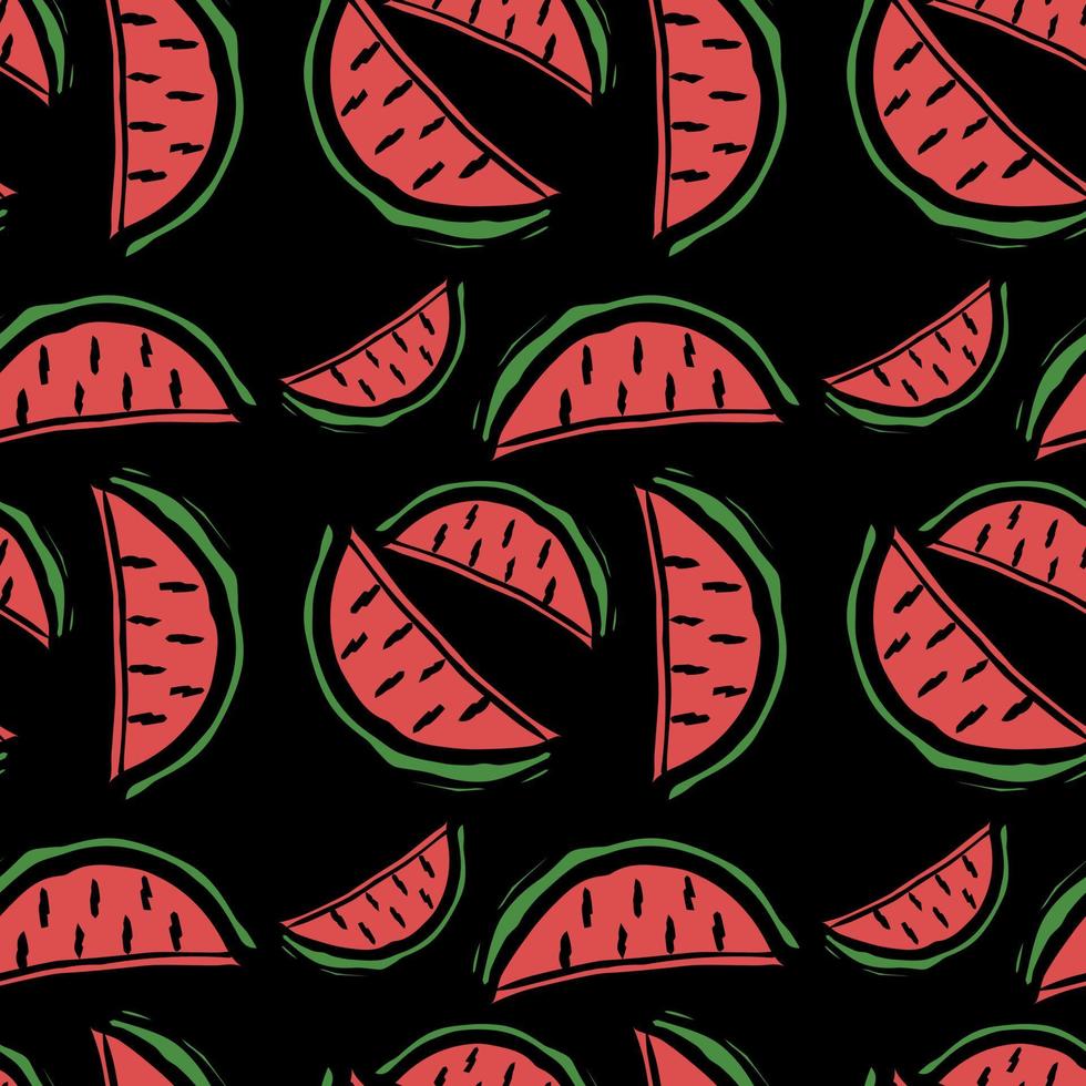 Seamless watermelon vector pattern. Colored doodle vector with watermelon icons isolated on black background. Vintage watermelon pattern, sweet elements background for your project