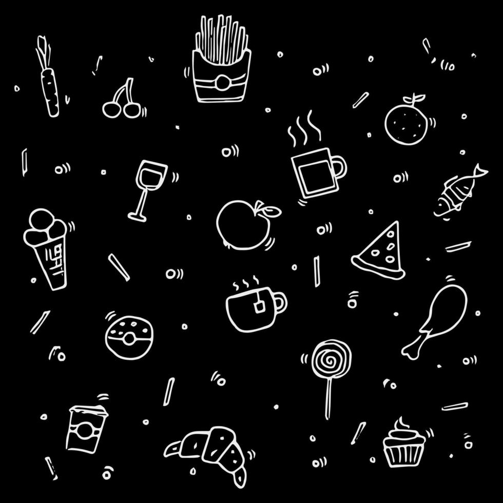 Vector set icons with foods. Doodle vector with foods icons on black background. Vintage food set icons, sweet elements background for your project, menu, cafe shop.