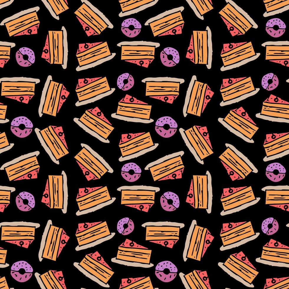 Colored seamless pattern with cakes and donuts icons. vector food icons