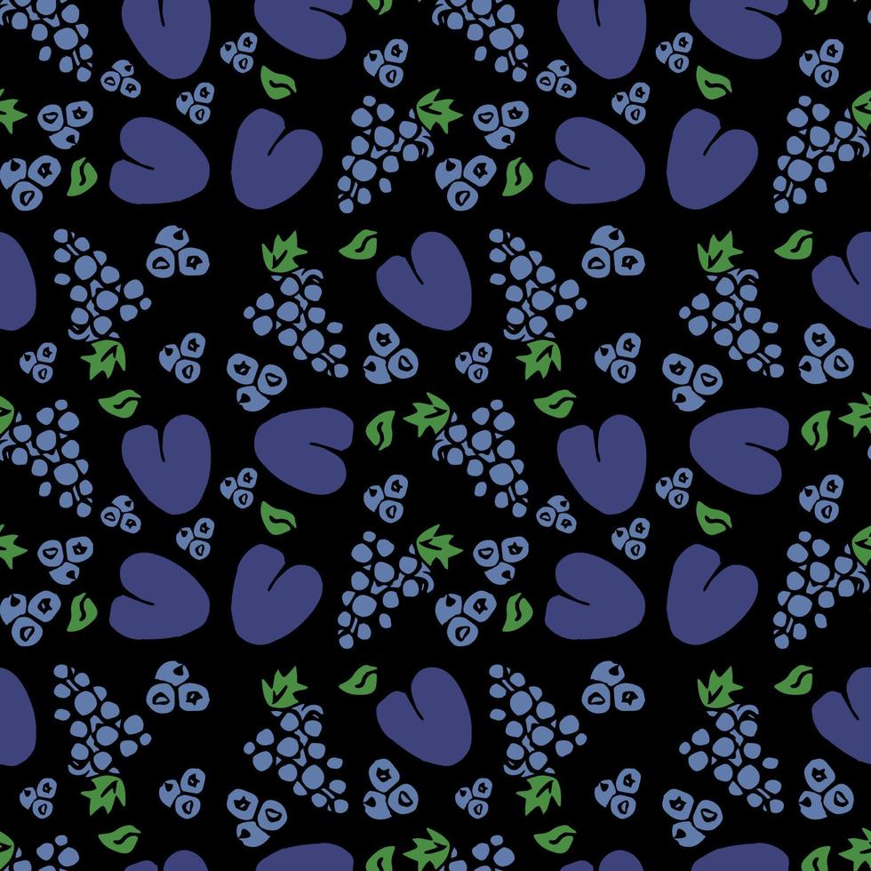 grape and plum on black background. vector food icons. Colored seamless