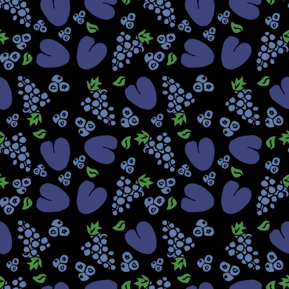 grape and plum on black background. vector food icons. Colored seamless pattern with blue fruit icons.