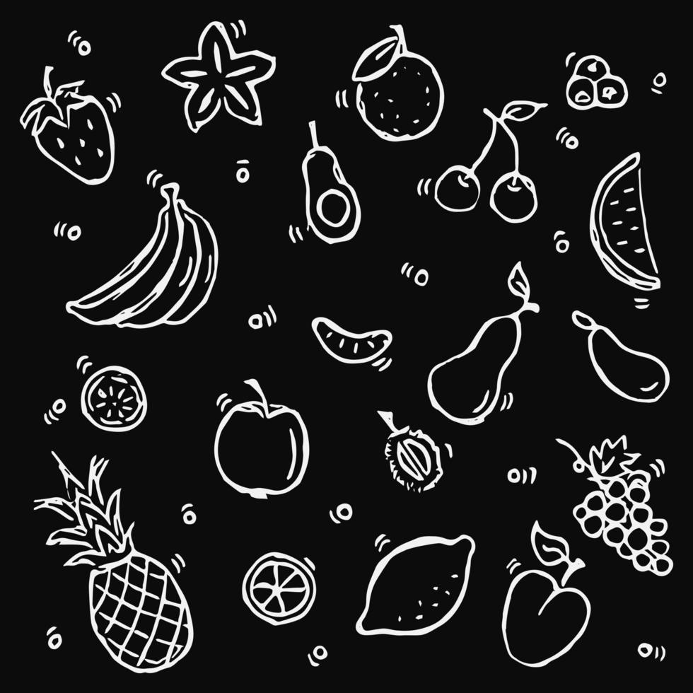 vector establecer iconos con frutas. Doodle vector con iconos de frutas sobre fondo negro. iconos vegetarianos vintage, fondo de elementos dulces para su proyecto, menú, cafetería.