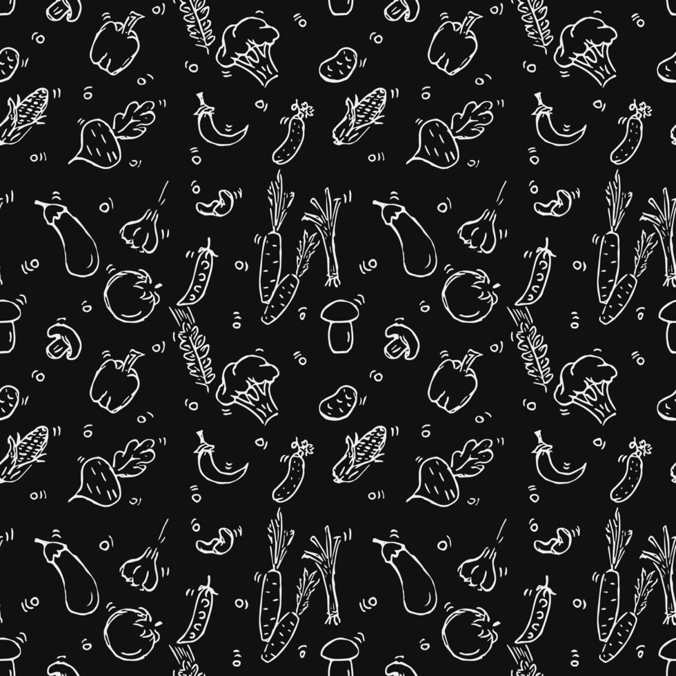 Seamless vegetables pattern. Doodle vector with vegetables food icons on black background.Vintage vegetarian food icons,sweet elements background for menu, cafe shop.