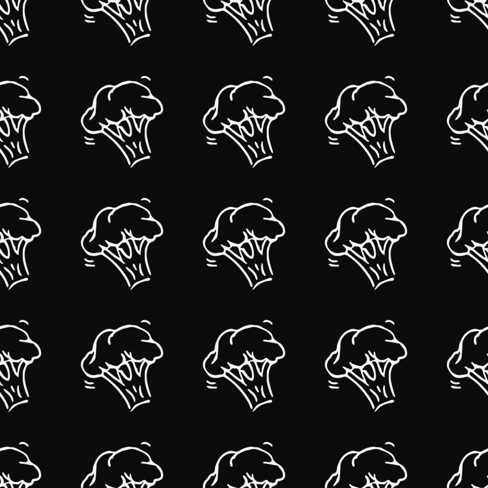 Seamless broccoli pattern. Doodle vector broccoli icons on black background. Vintage broccoli pattern, sweet elements background for your project, menu, cafe shop.