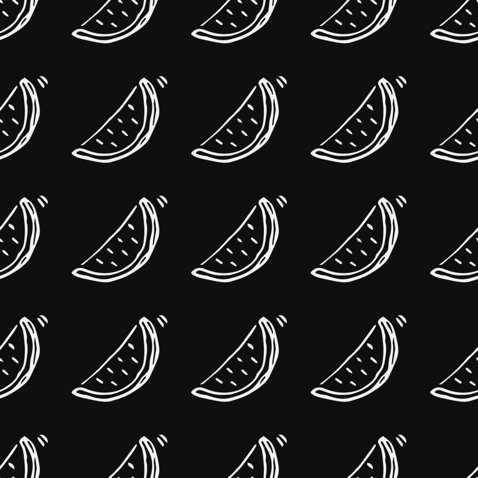 Seamless watermelon pattern. Doodle vector with watermelon icons on black background. Vintage watermelon pattern, sweet elements background for your project, menu, cafe shop.