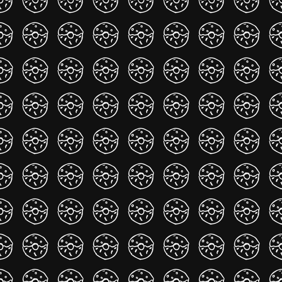 Seamless pattern with donuts. Doodle vector with donuts icons on black background.