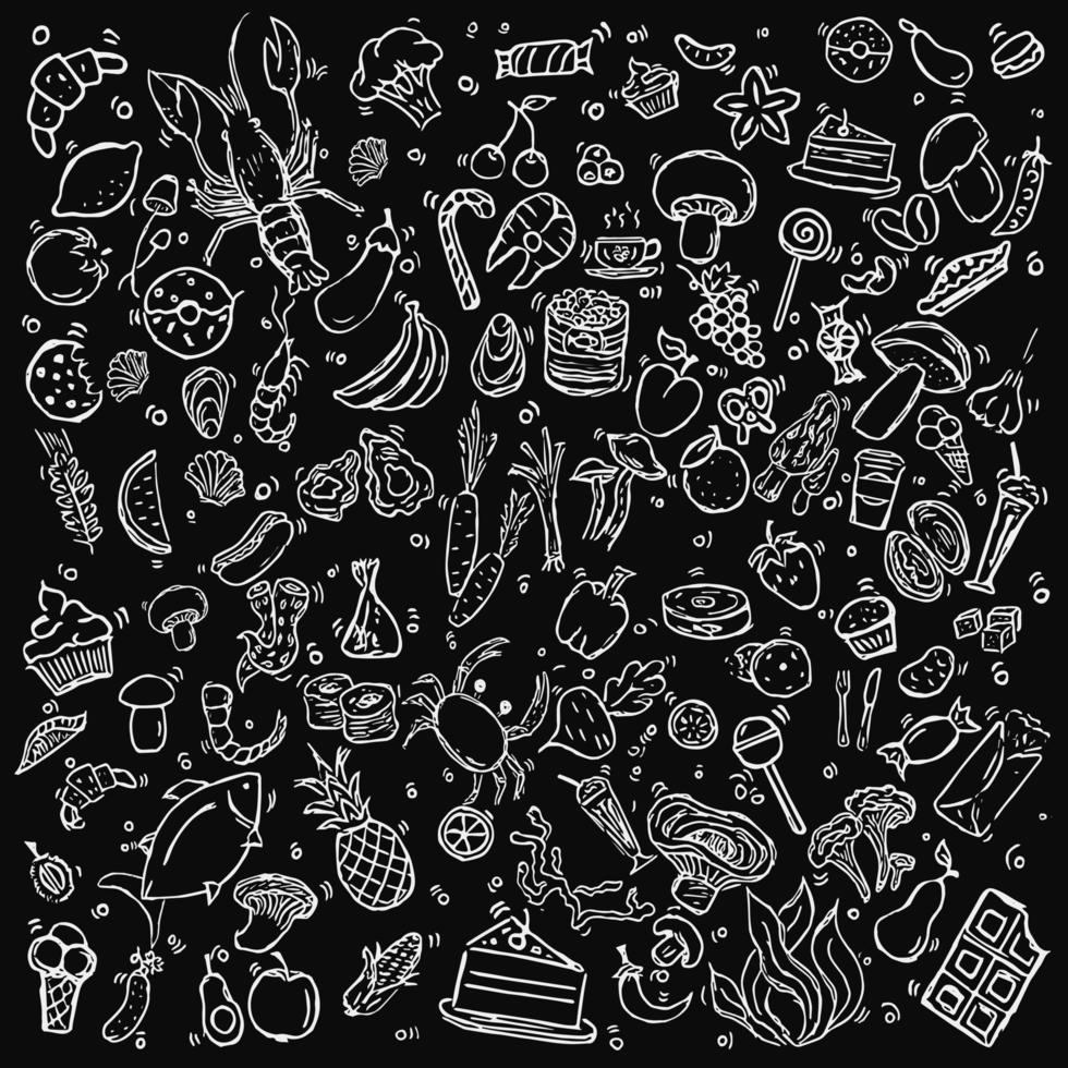 Set icons on the theme of food. Food vector. Doodle vector with food icons on black background.