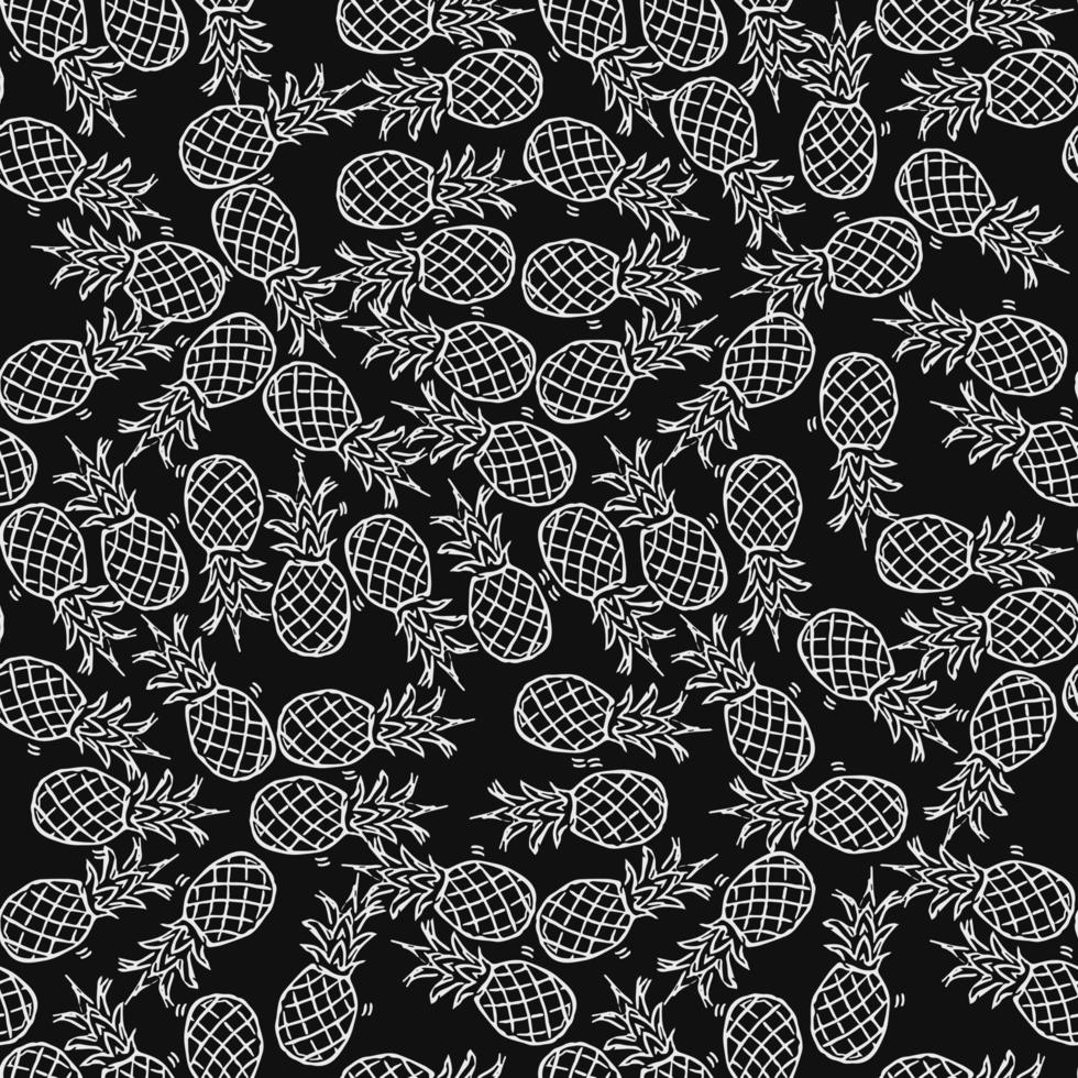 Seamless pineapple pattern. Doodle vector with pineapple icons on black background. Vintage pineapple pattern, sweet elements background for your project, menu, cafe shop.