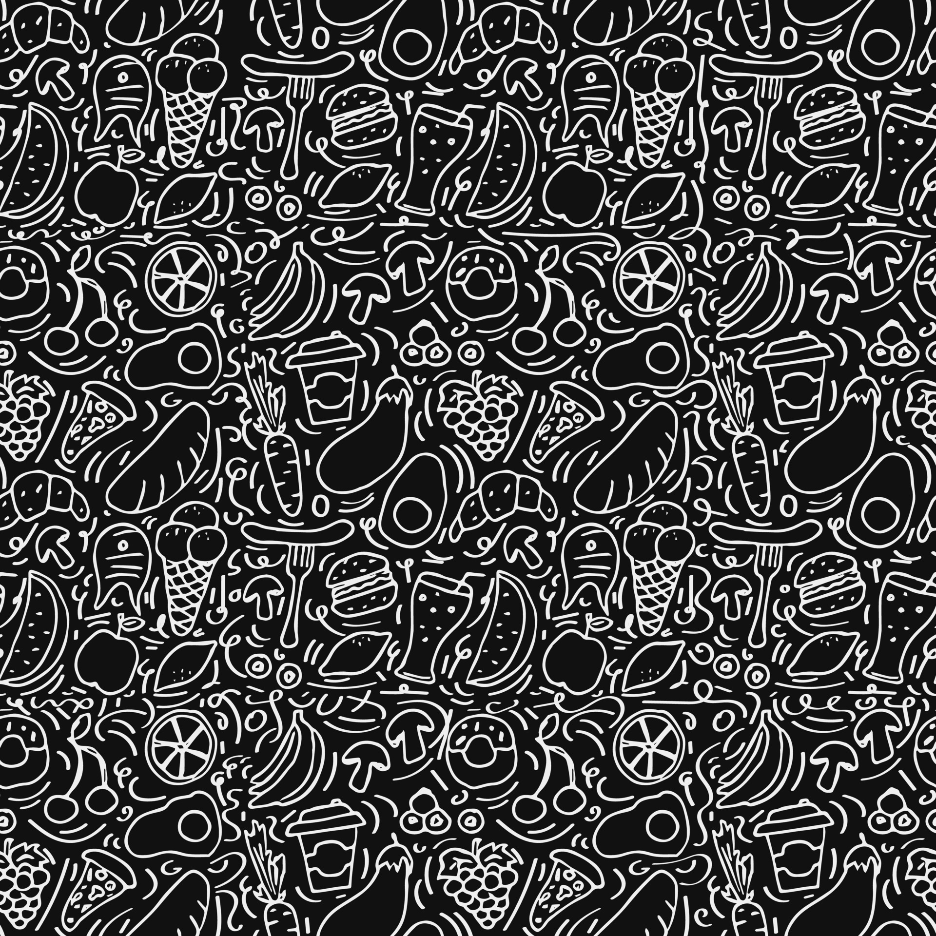 seamless pattern with food icons on black background. doodle food