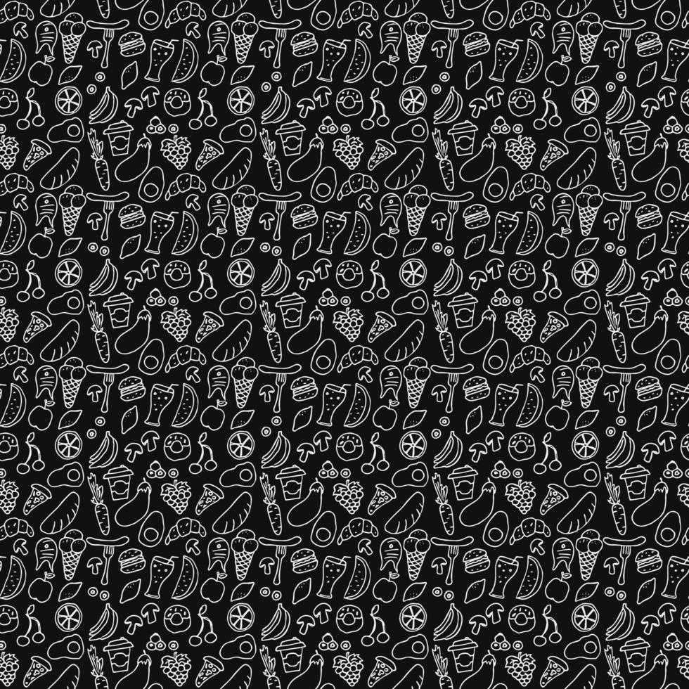 seamless pattern with food icons on black background. doodle food vector illustration. Vintage pattern with food icons, sweet elements background for your project