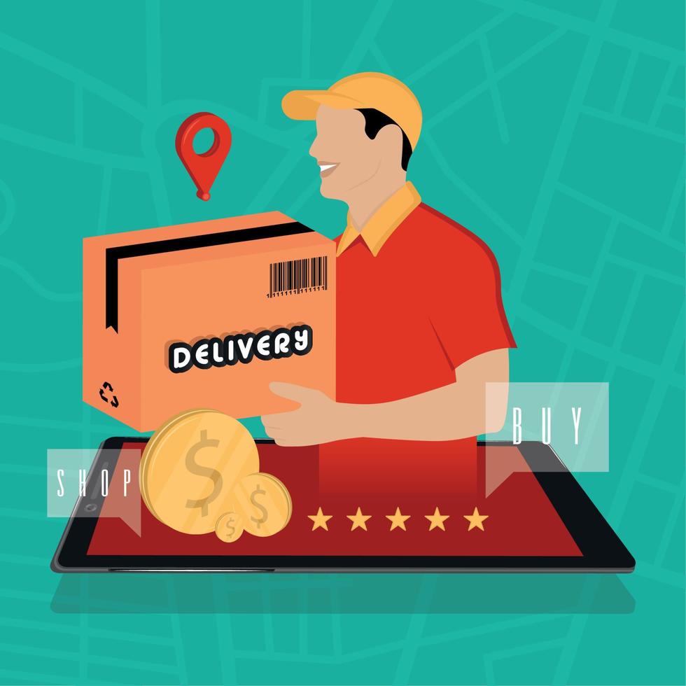 Delivery guy commint out of a cellphone Delivery concept art Vector