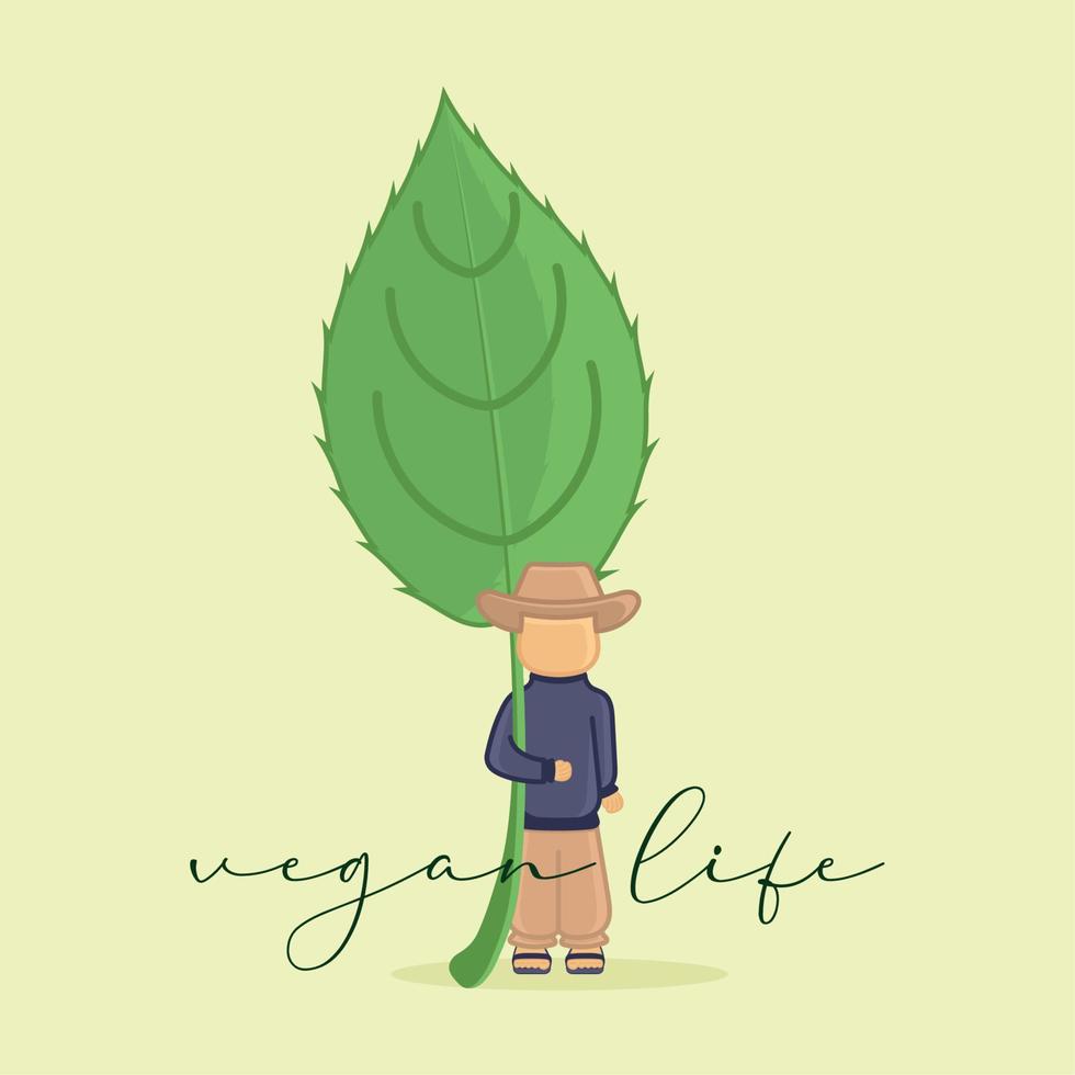 caricatura de granjero aislado sosteniendo un vector de estilo de vida vegano de hoja gigante