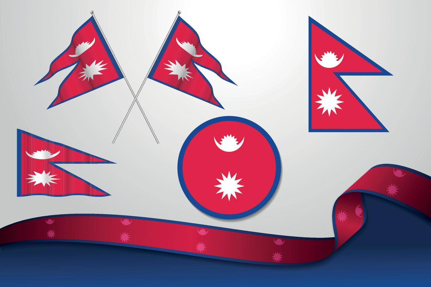 Set Of Nepal Flags In Different Designs Icon Flaying Flags With ribbon With Background. vector